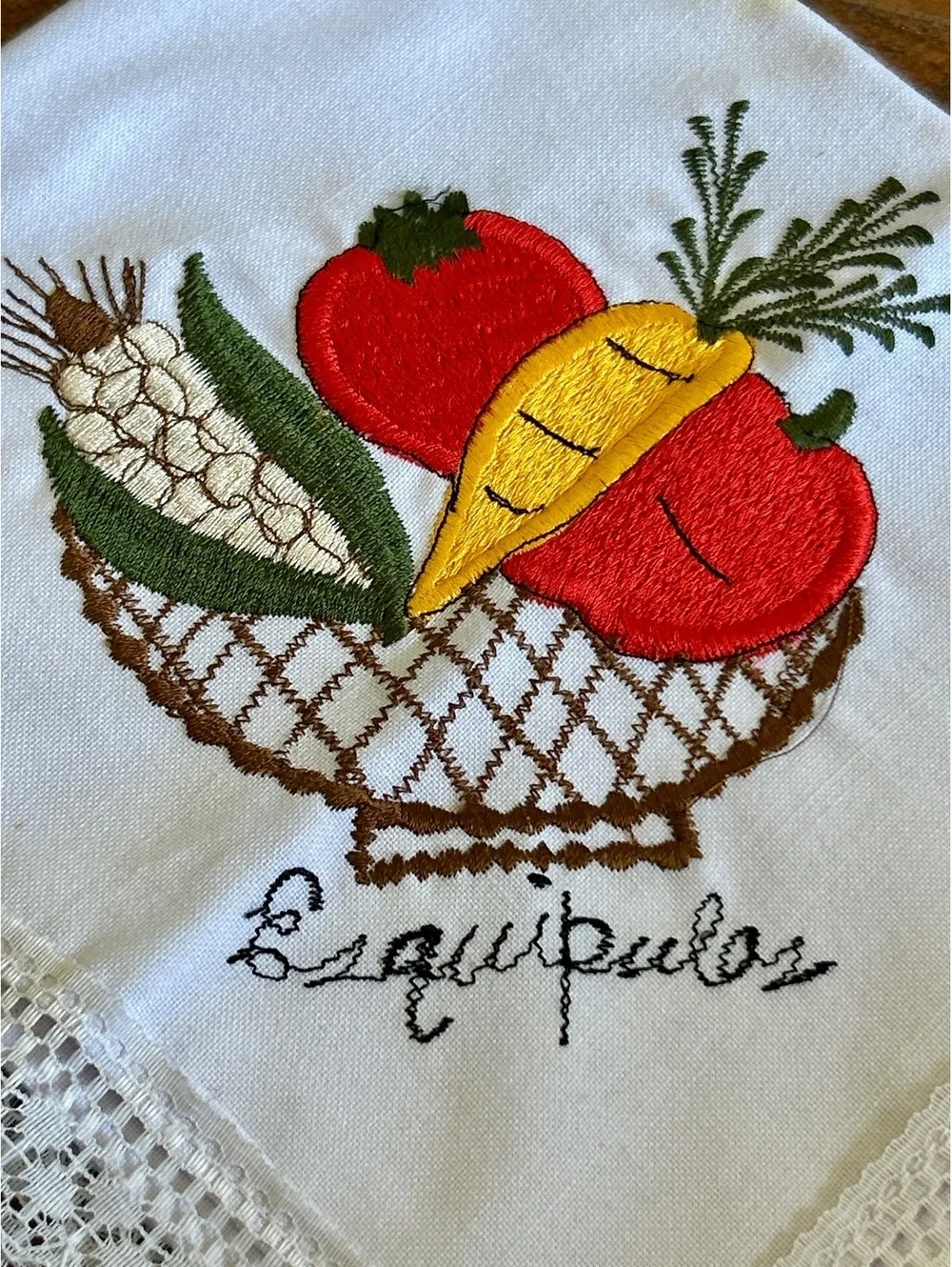 Vintage Esquipulas Embroidered Linen Tablecloth with Vegetable Basket Design